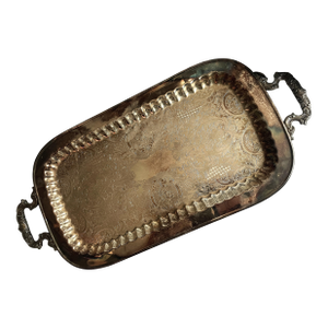 Late 20th Century Leonard Etched Ribbed Silverplate Footed Handled Narrow Serving Bar Tray