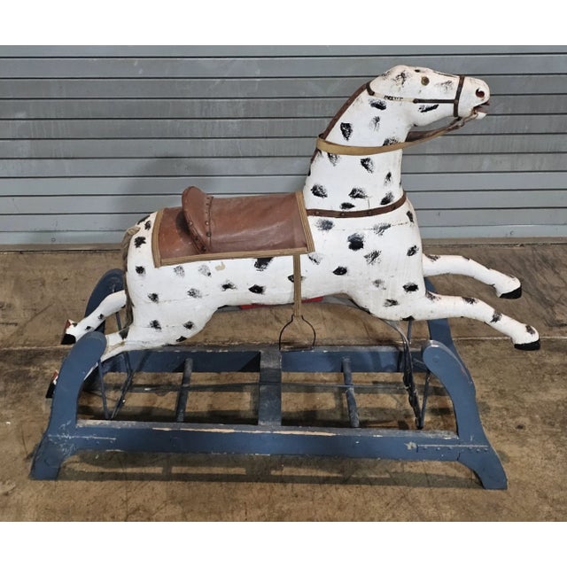 Store Item: Antique 19th Century Folk Art Glider Rocking Hobby Horse Dalmation Spotted Carved Wood Cast Iron Description:...