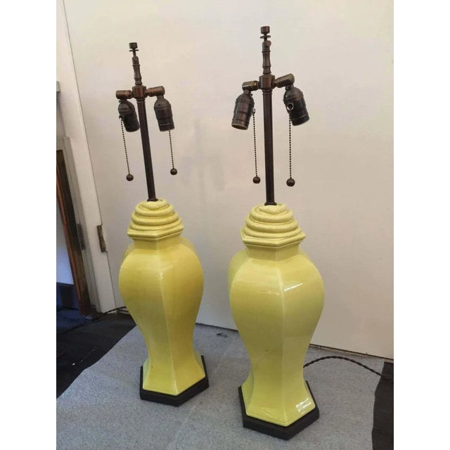 Citron Porcelain Table Lamps With Serpentine Details - a Pair For Sale In New York - Image 6 of 7