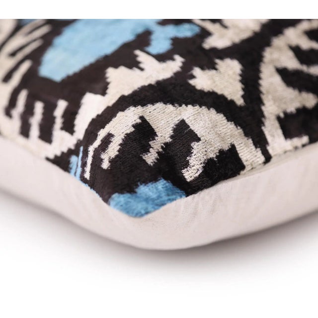 Mid-Century Modern Blue Black Geometric Silk Velvet Pillow – 20x20 Handmade Ikat Throw Cushion For Sale - Image 3 of 7