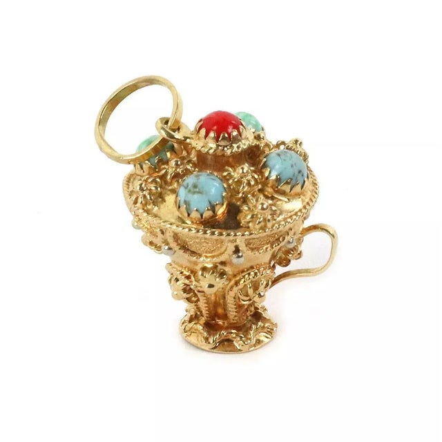 Contemporary Turquoise & Coral 18k Gold Etruscan Design Champion Cup Charm Pendant For Sale - Image 3 of 6