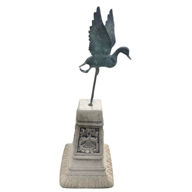 Metal Bronze-Finished Cast Iron Flying Duck Statue on Cast Stone Pedestal For Sale - Image 7 of 12