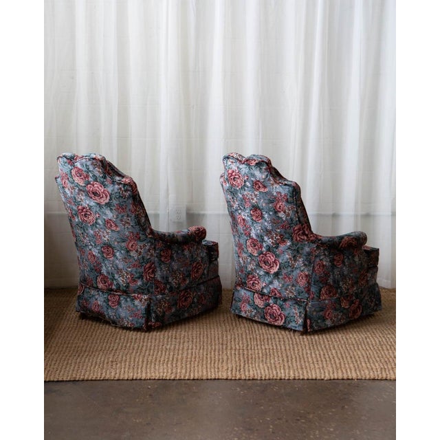 Blue Pair of Vintage Tufted Floral Velvet High Back Chairs For Sale - Image 8 of 13
