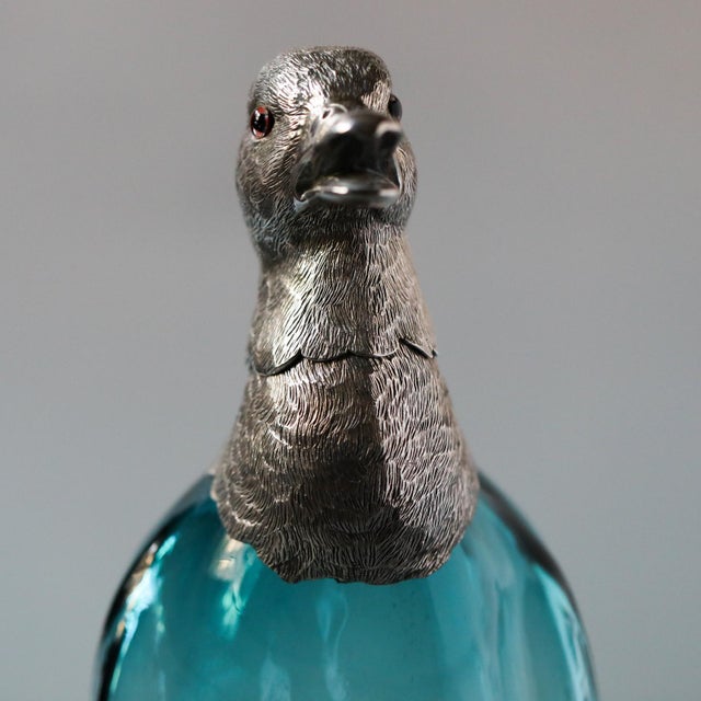 19th Century French Zoomorphic Duck Ewer in Blue Handblown Glass and Mixed Metal For Sale In Las Vegas - Image 6 of 17