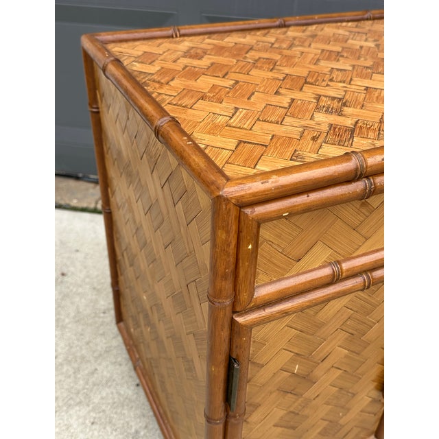 1980s Faux Bamboo and Herringbone Cane Nightstands - A Pair For Sale - Image 11 of 12