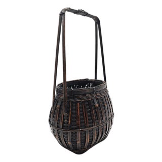 VTG Rattan Ikebana Woven Basket Style Handle Carrier Japanese Style 1980s 12" For Sale