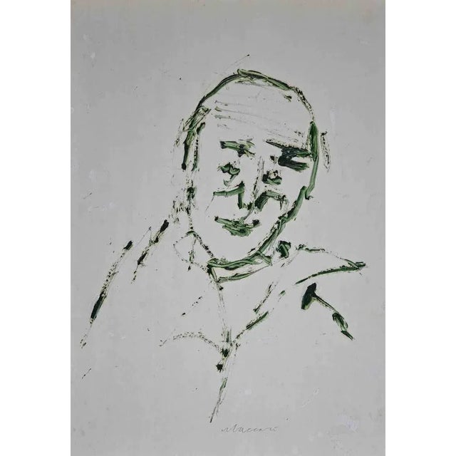 Portrait is an Original Drawing in Tempera on creamy-colored paper by Mino Maccari in the mid-20th century. Good...