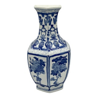 Vintage Chinoiserie Blue & White Hexagonal Porcelain Vase – Hand Painted Floral Panels For Sale