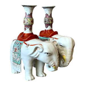 Vintage Asian Opposing Glazed Ceramic Elephant Candlesticks - A Pair