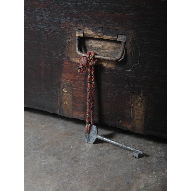 Vintage Dark Wood Indian Storage Chest With Brass Plate Joinery and Key For Sale - Image 4 of 7
