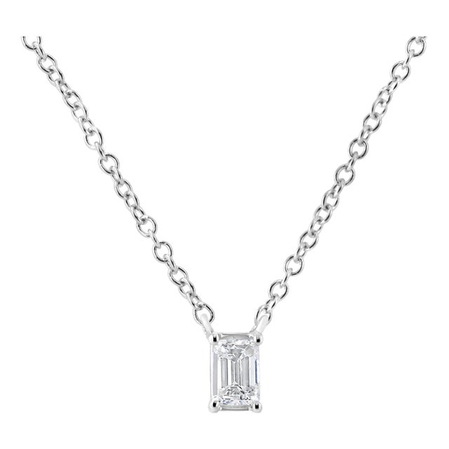 14K White Gold 1/3 Cttw Emerald Shape Solitaire Diamond 18" Pendant Necklace For Sale