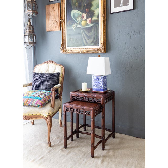 Asian Rosewood Nesting Tables With Carved Faux Bamboo Bird and Flower Fretwork For Sale - Image 4 of 18