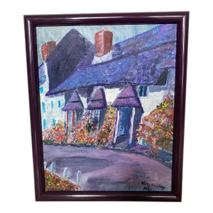Boho Purple Cottage Landscape Oil Painting by Kathy Weinberg Signed 1990