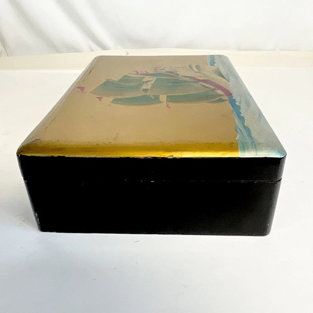 Mid-Century Boho Chic Coastal Nautical Japanese Hand Painted Wooden Box For Sale - Image 6 of 10