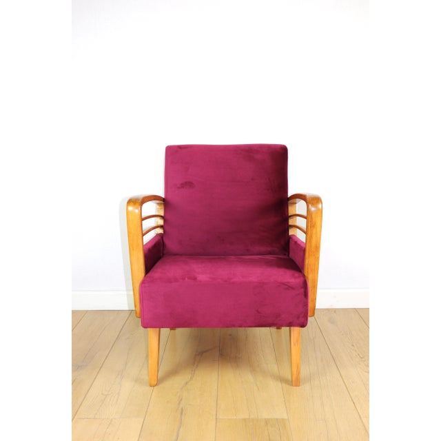 Vintage Art Deco Loft armchair in raspberry colour from the 1960s. We offer you a unique, fully restored Art Deco...