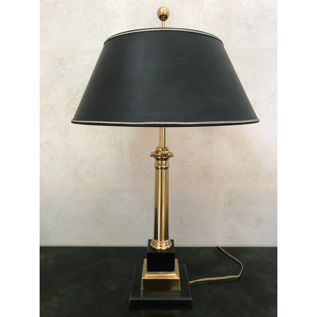 Stiffel Polished Brass and Black Marble Column Candlestick Lamp With