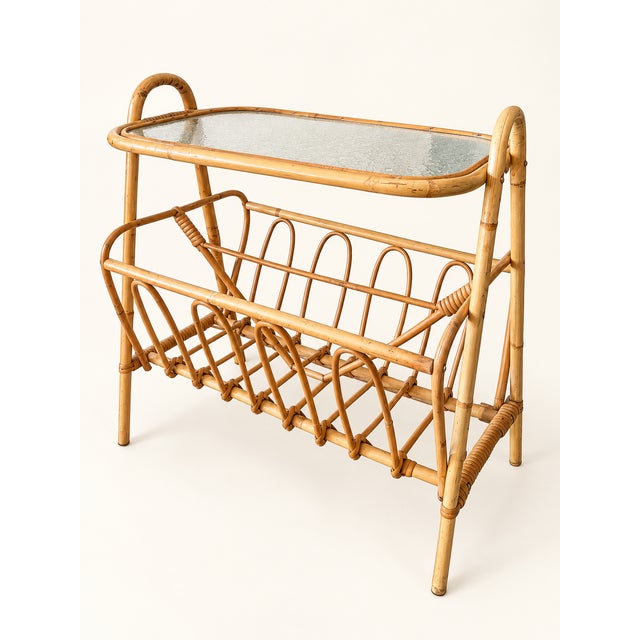 Mid-Century Modern Vintage Scandinavian Rattan Side Table with Magazine Rack and Glass Top, 1960s For Sale - Image 3 of 10