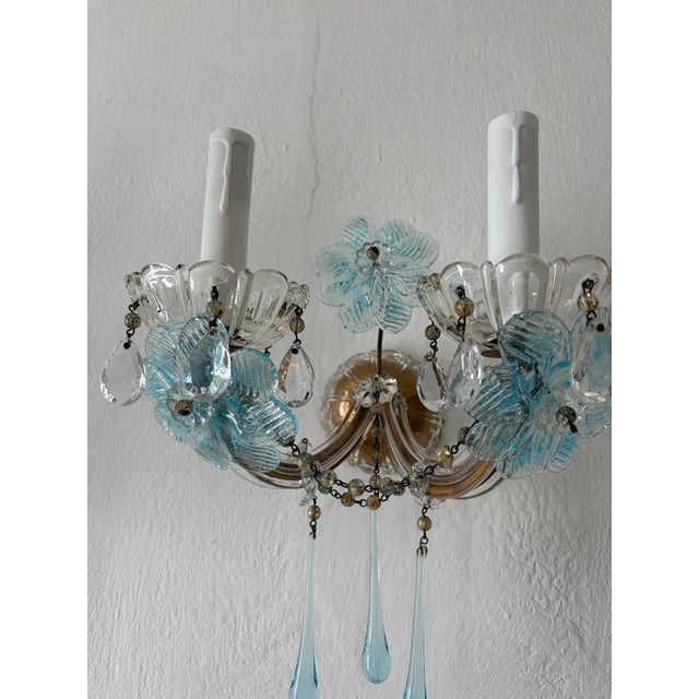 C 1930 Aqua Blue Murano Flowers & Drops Crystal Prisms Sconces One of a Kind For Sale - Image 4 of 11