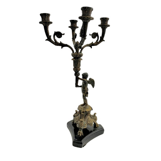 Late 20th Century Bronze Cherub Candelabra Pair on Marble Bases, Empire Style, 21.2"h For Sale In Tulsa - Image 6 of 10