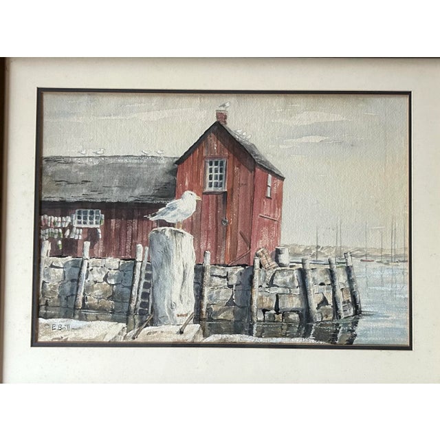 Coastal Vintage Original Watercolor of Seagull on Dock Coastal Landscape For Sale - Image 3 of 9