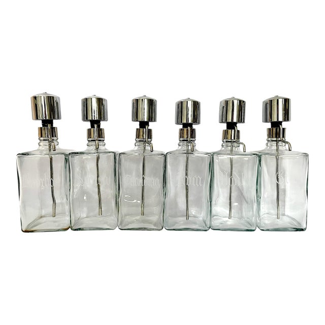 Vintage Mid-Century Etched Glass & Chrome Liquor Dispenser Bar Bottles — Set of 6 For Sale