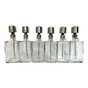 Vintage Mid-Century Etched Glass & Chrome Liquor Dispenser Bar Bottles — Set of 6
