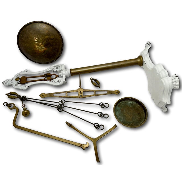 Very Large Size Antique Brass & Enameled Cast Iron Manchester England Wholesale Groceries Sellers Scale - 34 Inches Tall For Sale - Image 17 of 18