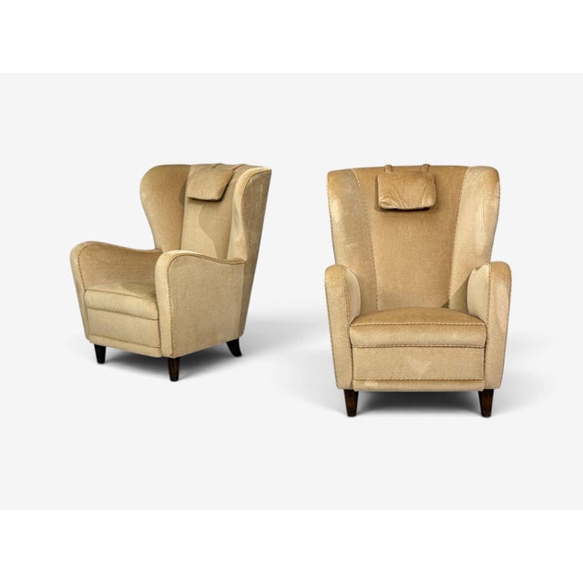 Finnish Modern, Wingback Chairs, Beige Velvet, Wood, Finland, 1950s For Sale - Image 4 of 12