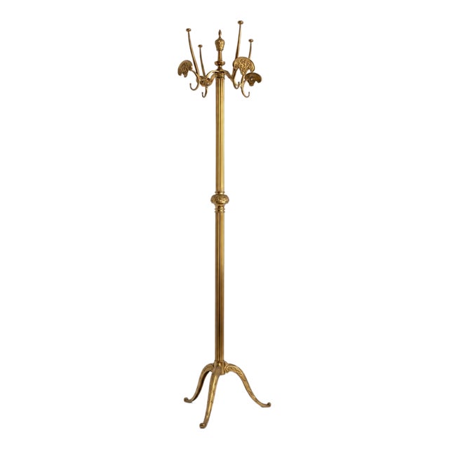 Vintage Brass Coat Rack with Rotating Crown and Fluted Column, 1960s For Sale