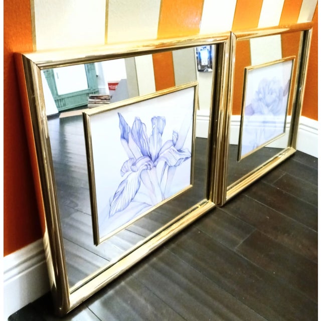 Hollywood Regency Vintage Mirrored Framed Floral Hollywood Regency Watercolor Prints Art Work- a Pair For Sale - Image 3 of 12