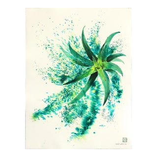 Aloe Vera - Abstract Green Blue Contemporary Botanical Artwork on Paper Original Artwork by Xiao Wen Xu For Sale
