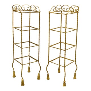 Mid 20th Century Italian Hollywood Regency Rope Tassel Gold 4 Tier Iron Display Rack Shelf - Pair For Sale