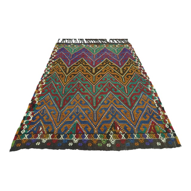 Vintage Turkish Fethiye Nomads Kilim Embroidery Rug For Sale