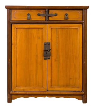 Chinese Antique Elm Two-Toned Cabinet with Cut Bronze Hardware and Yellow Patina