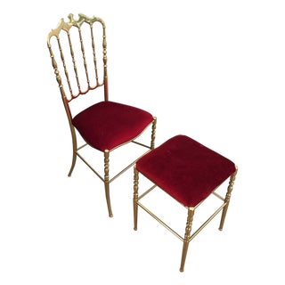 1940s Italian Brass Chiavari Chair and Stool, Seats Covered in Red Velvet- 2 Pieces For Sale