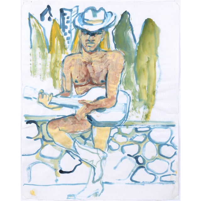 Nude Cowboy and His Guitar - Figurative Abstract on Paper A bright abstract figurative painting by Marc Foster Grant...