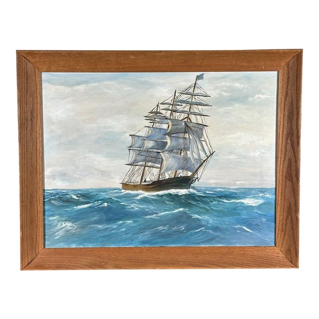 Vintage Mid Century Maritime Clipper Ship Framed Original Seascape Oil Painting For Sale