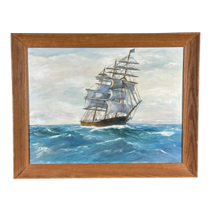 Vintage Mid Century Maritime Clipper Ship Framed Original Seascape Oil Painting