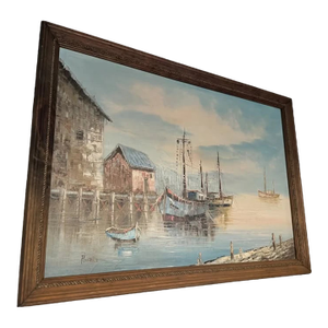 Vintage Coastal Harbor Oil Painting – Wood Frame