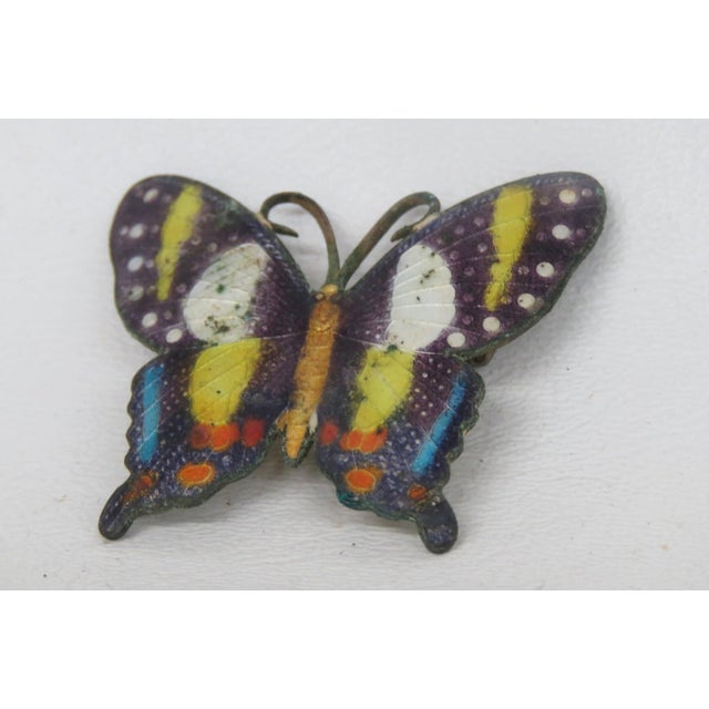 Figurative Cloisonne Style Metal Butterfly Brooch Pin Purple Yellow Blue Enamel 5197b For Sale - Image 3 of 8