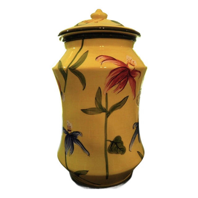 Nonni’s Biscotti Jar Yellow Floral Porcelain Cookie Jar Canister For Sale