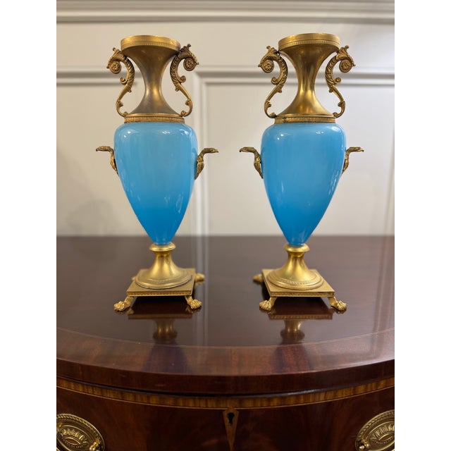 Pair Antique French Blue Opaline Urns With Ormolu Mounts Cherub Finials Eagle Handles 19th Century For Sale - Image 14 of 15