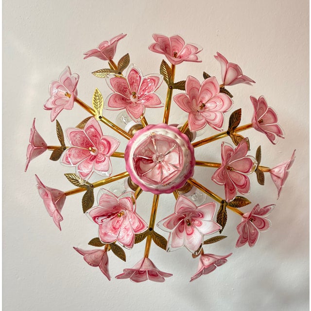 Pink 1980s Italian Pink Murano Style Glass Floral Chandelier – Hand-Painted Porcelain & Brass Ceiling Light For Sale - Image 8 of 18
