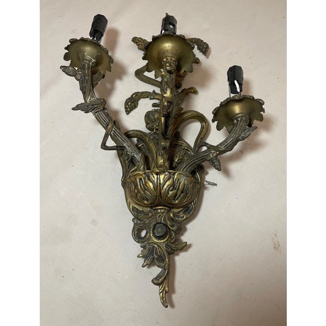 Spanish Antique Ornate Spanish Style 3 Arm Gilded Bronze Brass Wall Sconce Fixture Light For Sale - Image 3 of 10