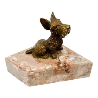 Vintage Brass Scottie Dog Paperweight on Pink Marble Base – Hollywood Regency / Traditional For Sale