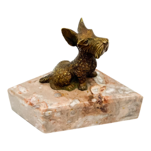 Vintage Brass Scottie Dog Paperweight on Pink Marble Base – Hollywood Regency / Traditional