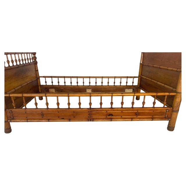 Antique French Faux Bamboo Bed Frame, Stained Pine For Sale In Tampa - Image 6 of 11