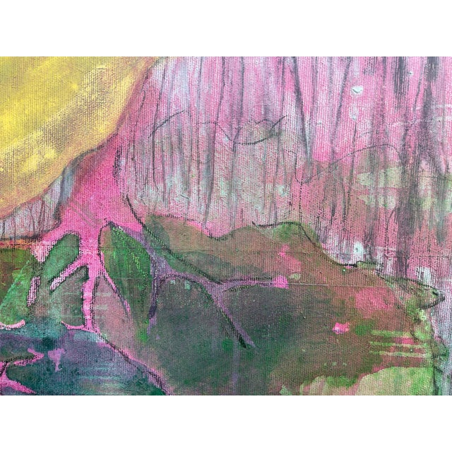 A dreamlike landscape unfolds in bright yellows and mysterious shades of purple. Trees meet the quiet lake, their...