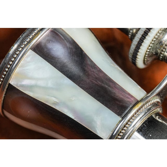 Beautiful Chrome Striped Purple and White Mother of Pearl Antique Victorian Opera Glasses With Leather Case For Sale - Image 4 of 16