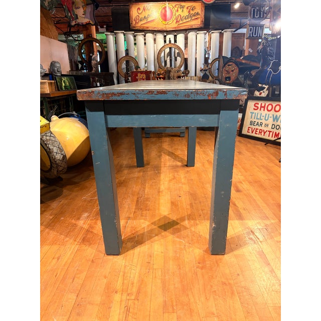 Farmhouse Antique Extra Long Industrial Table - Weathered Zinc and Painted Base For Sale - Image 3 of 9